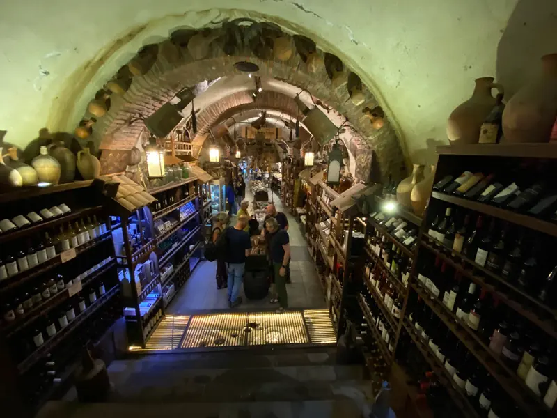 Vaulted wine cellar with clay jugs and rows of bottles